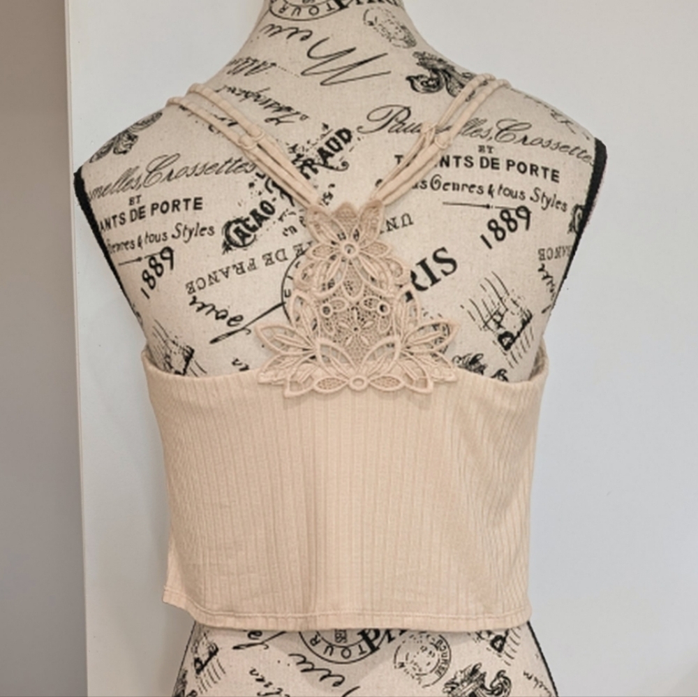 AERIE | Women's Beige Racerback w/ Floral Lace Detailing Cropped Bralette NWOT - Picture 5 of 5